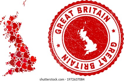 Collage Great Britain map composed with red love hearts, and grunge stamp. Vector lovely round red rubber seal stamp imitation with Great Britain map inside.