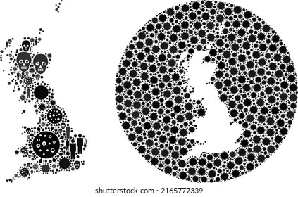 Mapa del Collage Gran Bretaña diseñado a partir de íconos del virus de la gripe y de seres humanos e íconos del cráneo. Collage de mapas Gran Bretaña del virus de la Enfermedad formado con esfera y espacio reducido.