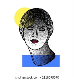 Collage with Greek Goddess Athrodite  and geometric shapes on white background.Bitmap effect in vector graphic.