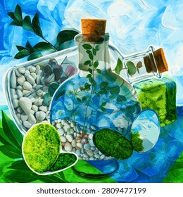Collage with green plants growing in two glass bottles filled with pebbles standing with weed-covered mirrors on grass against icy sky background: still life of potions with magic power of nature