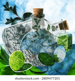Collage with green plants growing in two glass bottles filled with pebbles standing with weed-covered mirrors on grass against icy sky background: still life of potions with magic power of nature