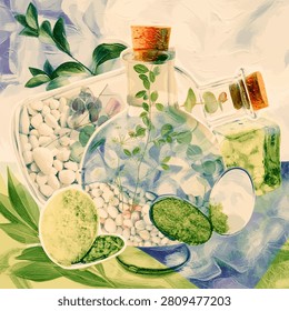 Collage with green plants growing in two glass bottles filled with pebbles standing with weed-covered mirrors on grass against icy sky background: still life of potions with magic power of nature