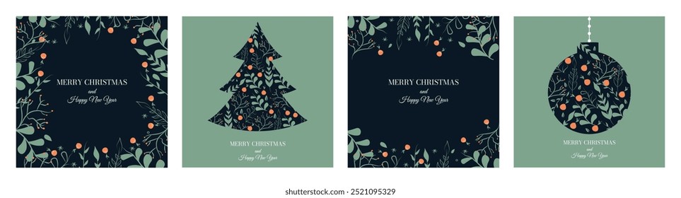 Collage of greeting card Happy New Year and Merry Christmas. Christmas tree. Set of present eve. Xmas. Simple trendy elements and shape. Glowing image. Sparkle calendar. Snowflake. Horizontal poster