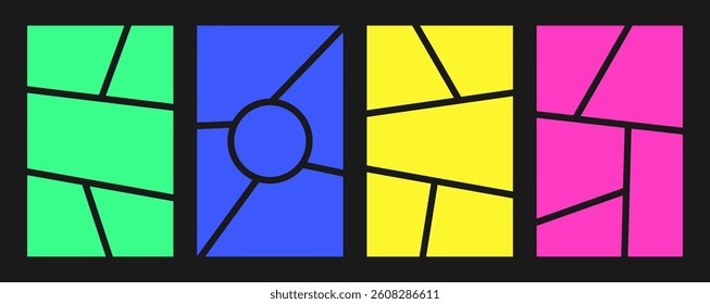 Collage grid manga book template. Comic strip background frame set on black background. Vector