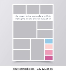 Collage grid. Mood board template. Moodboard scrapbook banner. Montage photo images. Mosaic pictures album layout. Photomontage frames with colour palette. Vertical gallery mockup. Vector illustration