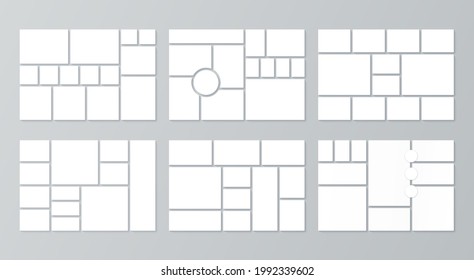 Collage Grid. Moodboard-Vorlagen. Vektorgrafik. Stimmungsbrett. Bildlayout der Fotos. Legen Sie Mosaikrahmen fest. Albumdesign.  Branding-Präsentation.  Horizontaler Muster. Einfache Illustration.