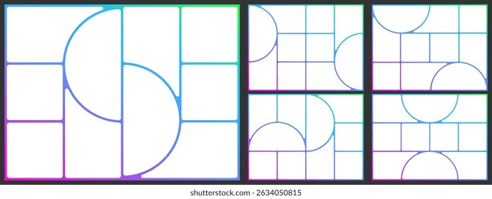 Collage grid mosaic template. Photo bento box layout. Brutalist shape post design, Image poster montage board. Abstract brochure rounded square circle gallery. Vector modular album geometric page