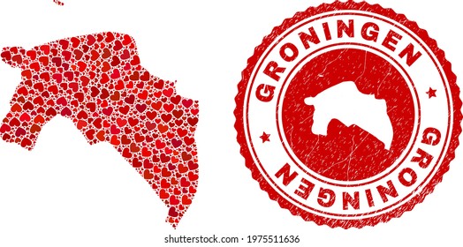 Collage Groningen Province map formed with red love hearts, and rubber seal stamp. Vector lovely round red rubber seal stamp imprint with Groningen Province map inside.