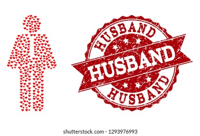 Collage groom formed with red love hearts, and isolated rubber watermark. Composition for Valentines Day. Groom concept constructed with small scattered amour heart symbols.