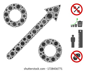 Collage growing percent composed of flu virus icons in various sizes and color hues. Vector viral icons are composed into abstract collage growing percent icon. Some bonus icons are added.