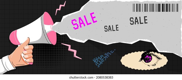 Collage grunge banner Vintage pop art poster design Loudspeaker announcing crazy promotions sale Torned craft notebook shapes with pattern vector illustration on dark checkered background