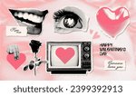 Collage grunge dotted punk halftone collage stickers set with lips, eye, mouth, tv, hear and rose doodle elements in y2k retro style. Valentine's day advertising design. Trendy vector illustration.