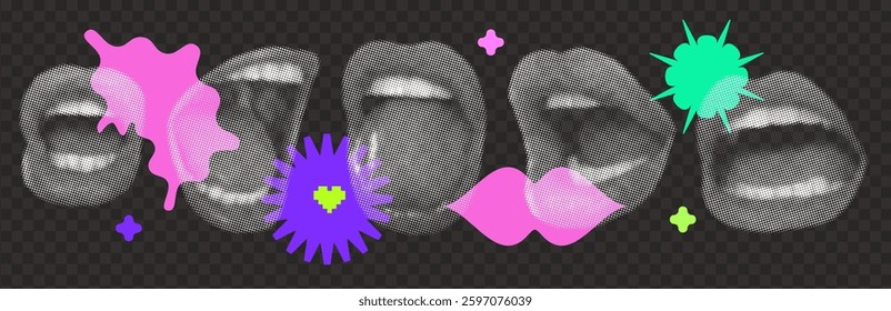 Collage grunge dotted punk halftone collage elements of shouting mouth and y2k neon elements for grunge retro poster. Stylish modern advertising vector design on dark background