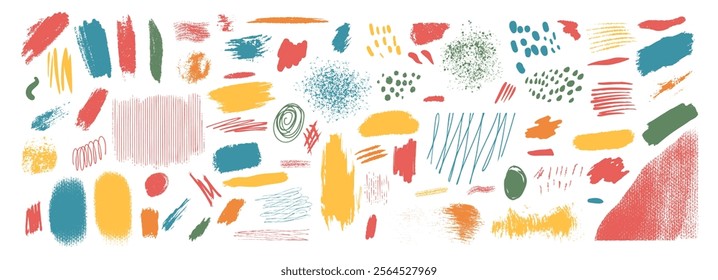 Collage grunge elements textured set. Dirty torn design shapes by chalk or pencil isolated on white background. Grunge style painted decorative abstract shapes. Vector hand drawn illustration.