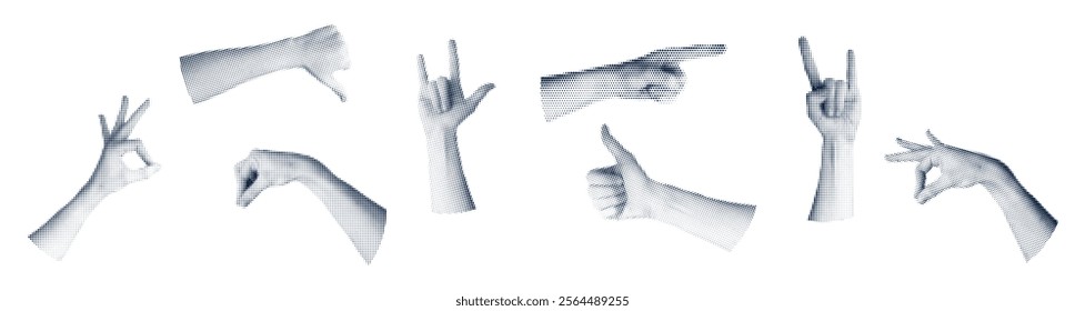 Collage Grunge hand graphic set with retro halftone and punk elements. Pop art design with fingers and crazy signs. Flat vector illustration isolated on white background.