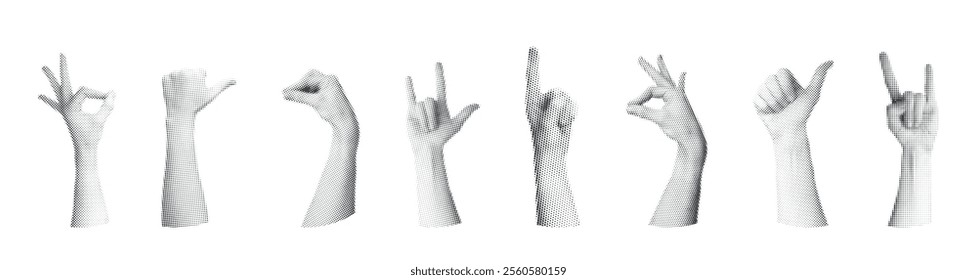 Collage Grunge hand set with retro halftone and punk elements. Pop art design with fingers and crazy signs. Flat vector illustration isolated on white background.