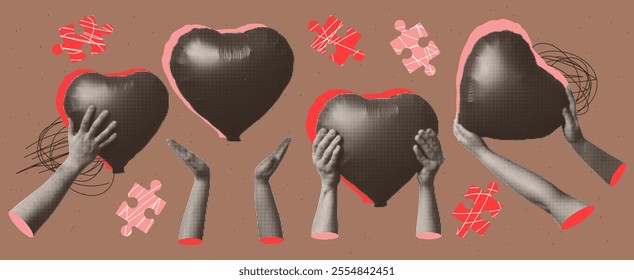 Collage of grunge hands and heart balls in a halftone style. Vintage vector poster.