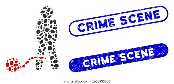 Collage guilty man and corroded stamp seals with Crime Scene phrase. Mosaic vector guilty man is designed with randomized elliptic spots. Crime Scene stamp seals use blue color,