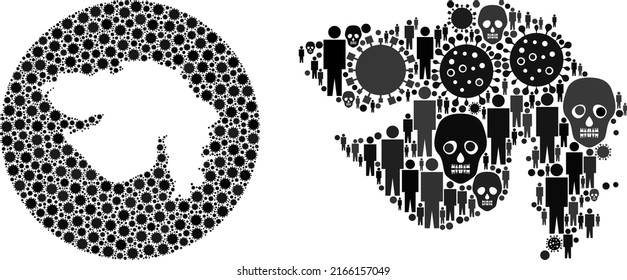 Collage Gujarat State map united from flu virus items and people and dead head items. Flu virus Gujarat State map mosaic created with circle and subtracted space.