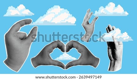 Collage with halfton hands holding pixel clouds of different shapes on a blue background. Vector image