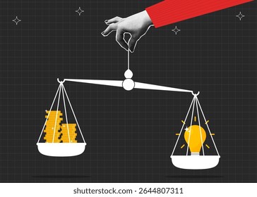 Collage halftone banner with hand holds scales on which light bulb is heavier than coins. Concept that business idea is better than money. Collage poster with halftone elements. Vector illustration.