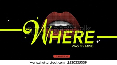Collage halftone banner with lips and text. Vintage torn paper and pop art sticker. Retro whisper concept for Question. 
