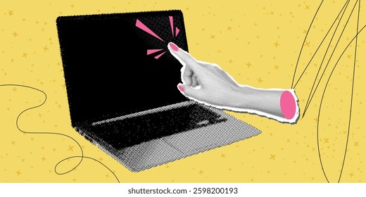 Collage halftone banner in retro pop style. With a hand interacting with a laptop. Cut out hand pointing at it. Modern retro textured vector illustration for mixed media design on yellow background