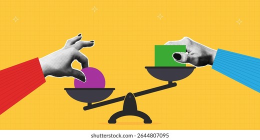 Collage halftone banner with two hands that put objects on scales. Halftone hands holding circle and square and put them on the scales. Concept of business balance in teamwork. Vector illustration.