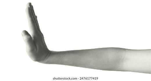 Collage halftone elements with hands. No, negative, abnegation fingers gesture. Cut out shapes. Polka dots texture. Modern vintage trendy design object isolated on white. Vector illustration