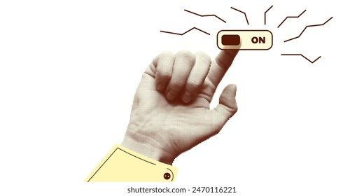 Collage halftone elements with pointing hands and doodle buttons. Fingers gesture touch, click, tap. Cut out shapes, . Modern vintage trendy design object isolated on white. Vector illustration