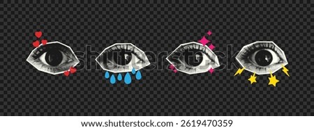 Collage halftone eyes set with different emotions. Paper cut female eyes with shocked look and lightning bolts, in love with hearts, crying with tears and cute with sparkle stars. Vector illustration.