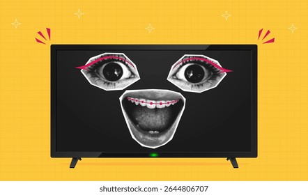 Collage halftone face in TV. Halftone eyes and mouth are combined into one face with doodle elements broadcasts from the TV. Concept of news, advertising and sale. Collage style. Vector illustration.