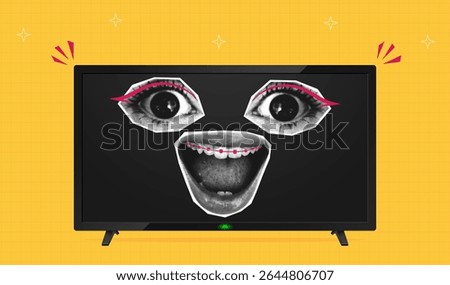 Collage halftone face in TV. Halftone eyes and mouth are combined into one face with doodle elements broadcasts from the TV. Concept of news, advertising and sale. Collage style. Vector illustration.