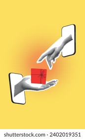 Collage with halftone female hand and gift box with bow.