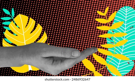 Collage with halftone, hand and abstract leaves. Retro pop art vector illustration 