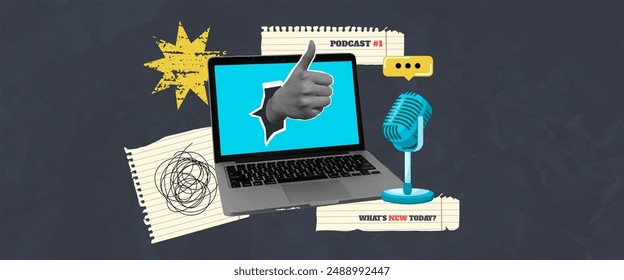 Collage halftone hand approval gesture with grunge shapes, torn paper notebook pages and microphone. Trendy podcast cover design. Wrinkled paper effect. Advertising and promotional background.