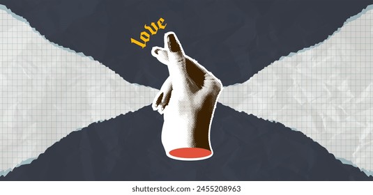 Collage halftone hand with gesture of finger up. Cutout lightning shape, hand-drawn doodle element and heart reaction. Vintage vector concept of approval. Isolated torn notebook paper. 