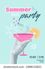 Collage with halftone hand holding cocktail. Summer party invitation template, flyer design. Doodle stars and elements, slice of fruit on drinking glass. Vector illustration. Holiday background.