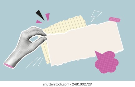 Collage with halftone hand holding paper sheet with torn edges. Copybook note on background. Speech bubble with copy space. Graphic banner template with blank vintage tape. Vector illustration.