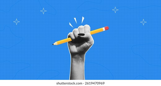 Collage halftone hand holding a pencil. Female halftone arm holds a drawn pencil. Back to school concept. Template for banners, posters and social media. Vector illustration.