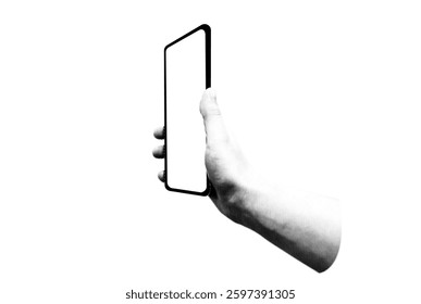 Collage halftone hand holding smart  phone. Modern vector rock illustration isolated cut out element for infographic presentations mediapromotion poster website

