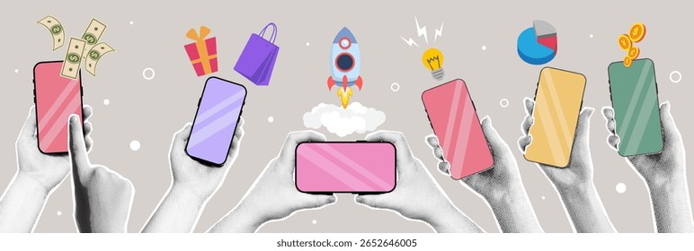 Collage de la mano del medio tono que sostiene el smartphone con el icono del negocio. Etiqueta engomada de papel rasgado del gesto del brazo con el teléfono móvil, el dinero, las finanzas, el éxito de la comercialización, la idea del inicio, la lluvia de ideas y el símbolo de la infografía.