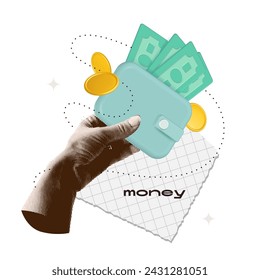 Collage with halftone hand holding wallet with banknotes and coins. Payments metaphor concept finance-themed, banner with purse and money. Cutouts paper magazine with 3d elements. Vector illustration