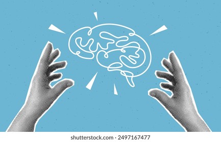 Collage with halftone hand and human brain. Modern vector pop art retro style illustration. Design element for infographic, poster, website, card