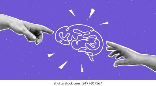 Collage with halftone hand and human brain. Modern vector pop art retro style illustration. Design element for infographic, poster, website, card