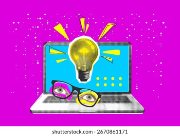 Collage mit Halbtonhand, Laptop und Glühbirne. Kreative Idee Generation oder Brainstorm Konzept Vektor Pop Art Retro-Stil Illustration. Gestaltungselement für Infografik, Poster, Website
