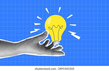 Collage with halftone hand and light bulb. Creative idea generation or brainstorm concept vector pop art retro style illustration. design element for infographic, poster, website