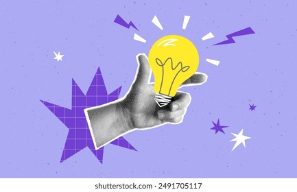 Collage with halftone hand and light bulb. Creative idea generation or brainstorm concept vector pop art retro style illustration. design element for infographic, poster, website