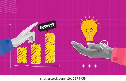 Collage with halftone hand and light bulb Business concept.	
