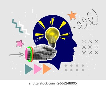 Collage with halftone hand, light bulb and head. Creative idea generation or brainstorm concept vector pop art retro style illustration. Design element for infographic, poster, website